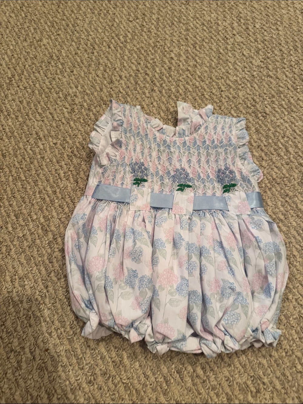 Smocked Floral Bubble Romper - Pink & Blue